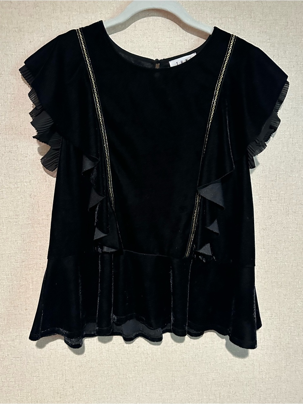 THML Small Black Velvet Gold Embroidered Ruffle Short Sleeve Top Whimsigoth